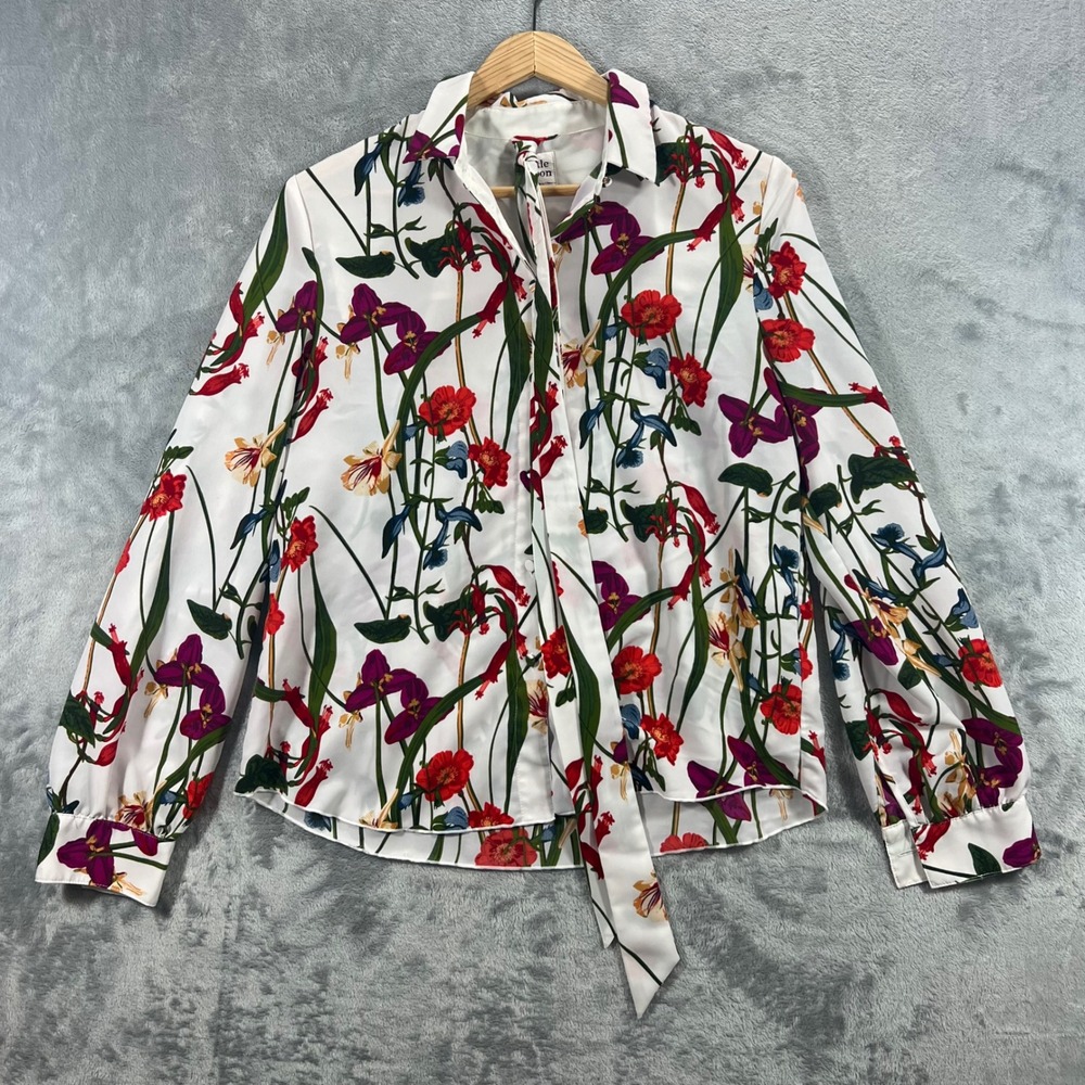 LITTLE MOON Blouse Womens S White Floral Tie Neck Long Sleeve CDP8-2773JX Flowy